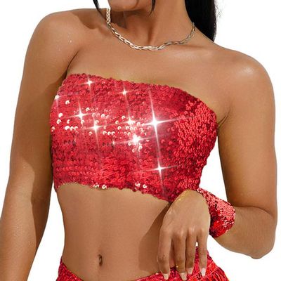 Kakaco Sparkly Strapless Crop Top Glitter Sequin Tube Top Party Clubwear Top for Women (B-Red)