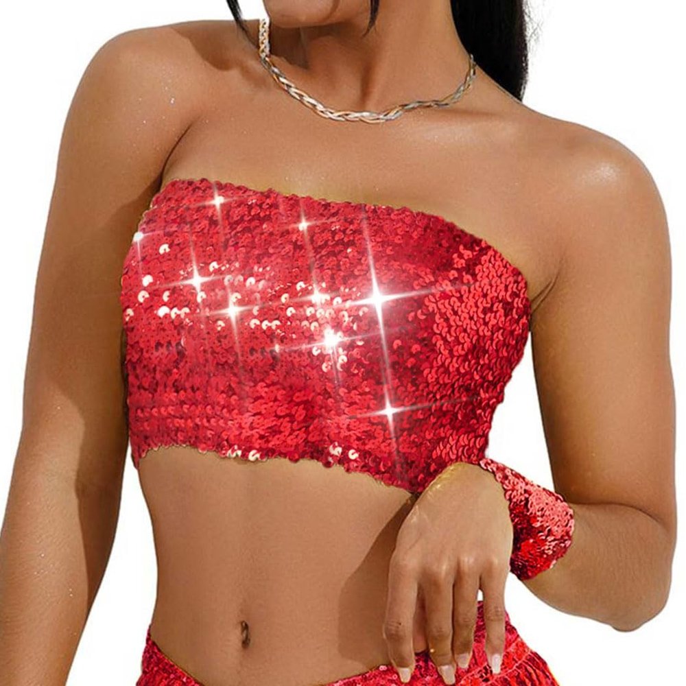 Kakaco Sparkly Strapless Crop Top Glitter Sequin Tube Top Party Clubwear Top for Women (B-Red)