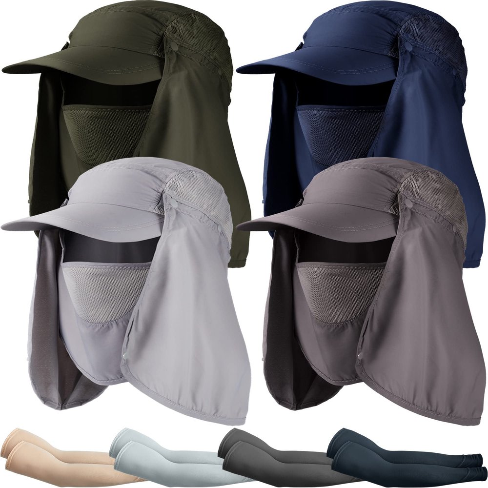 4 Pair Sun Hat Fishing Hats UPF 50+ Outdoor Hiking Hat UV Sun Protection Hat with Neck Flap Face Mask and 4 Pack Arm Sleeves for Men Women (Light Gray, Dark Gray, Navy Blue, Beige, Army Green)