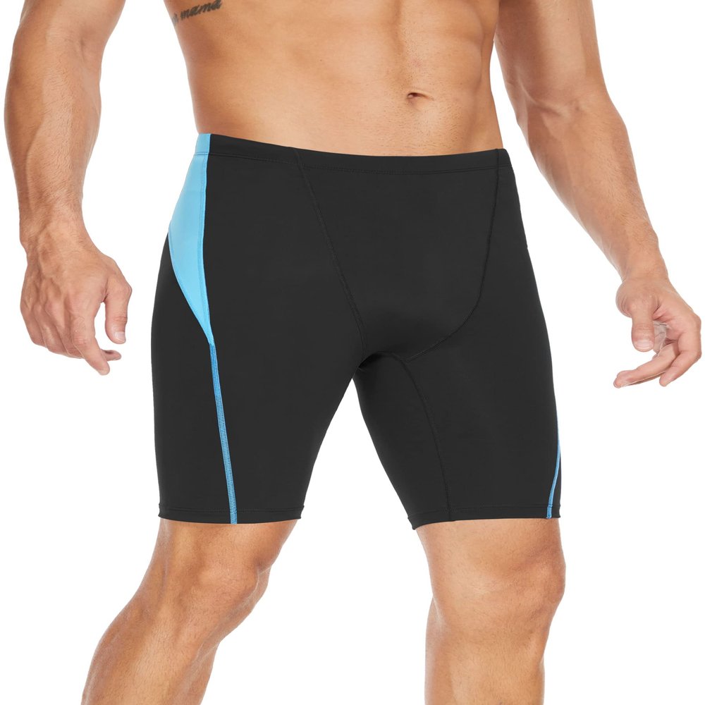 Fiteng Men's Swim Jammers Competitive Athletic Swim Team Suit Training Endurance Racing Quick Dry Swimming Shorts UPF 50 Black/Blue