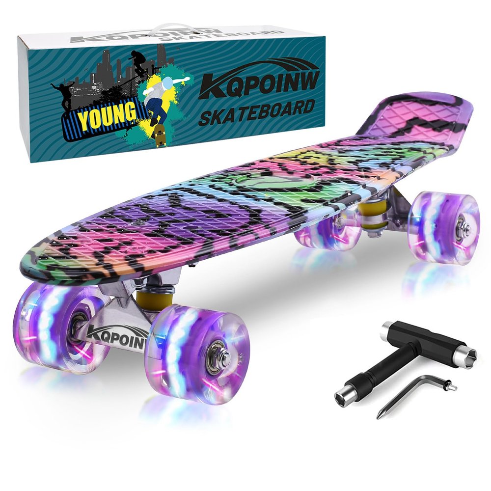 Kqpoinw Kids Skateboard,22" Complete Skateboards for Kid,Teens,Girls,Beginners,Skate Board,Purple Skateboards with Colorful LED Light up Wheels,Skate Tool, Ideal Gift for Girls,Kids