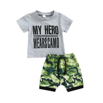 2Pc Baby Boy Clothes My Hero Wears Camo T-Shirt Top+Camouflage Print Elastic Cotton Shorts Summer Outfit Set (Gray, 6-12 Months)