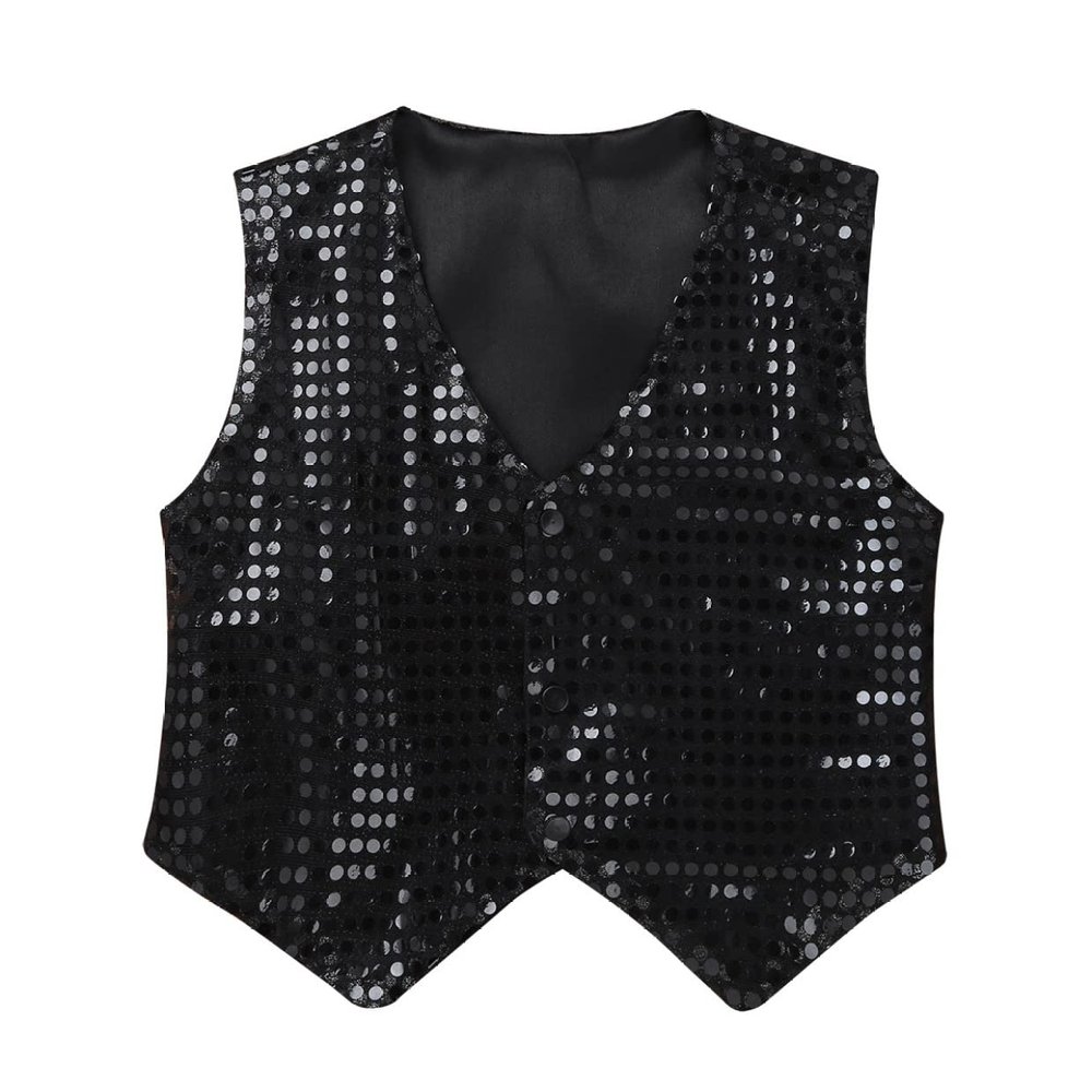 QinCiao Girls Boys Glitter Sequin Hip-hop Jazz Dance Waistcoat Sleeveless Jacket Sparkle Vest Tops Shirt Black 13-14 Years