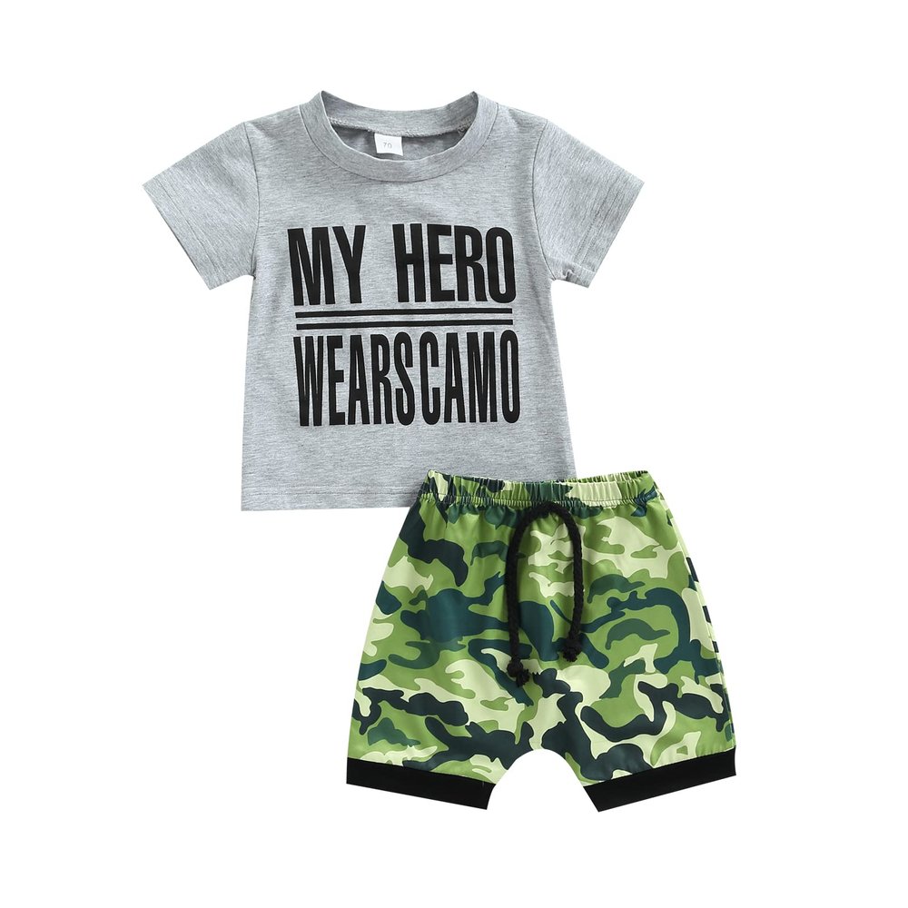 2Pc Baby Boy Clothes My Hero Wears Camo T-Shirt Top+Camouflage Print Elastic Cotton Shorts Summer Outfit Set (Gray, 0-6 Months)