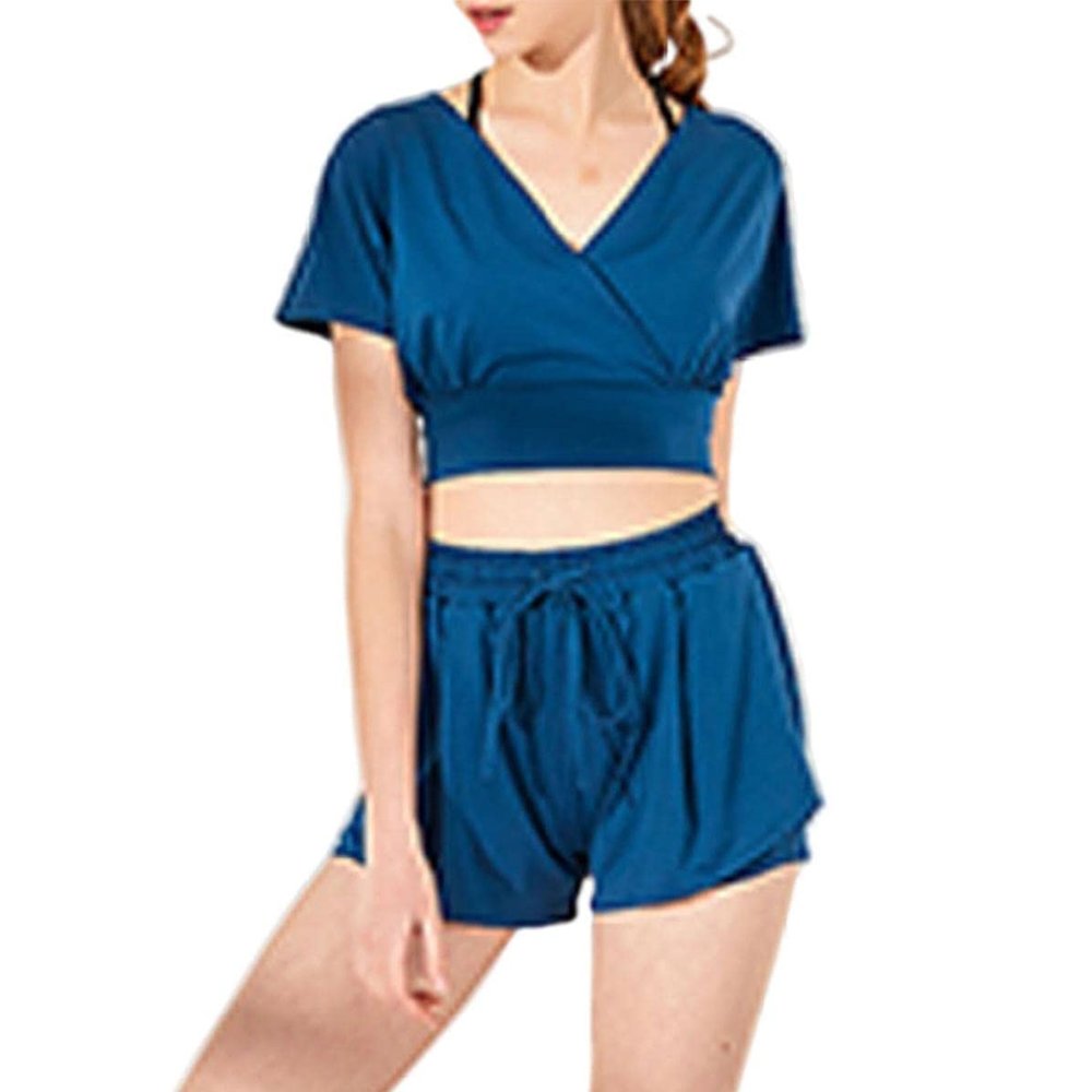Women's Chic Wrap V Neck Short Top Short Sleeve Ruffle Workout Crop Top Blue