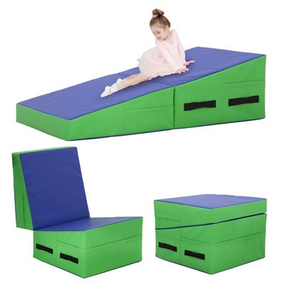 Gymnastics Mat 48X24X14 Incline Tumbling Mats for Home Gym, Folding Exercise Mat with Non-Slip PVC Surface & Handles, Cheese Wedge Mat for Kid Adults Workout, Blue