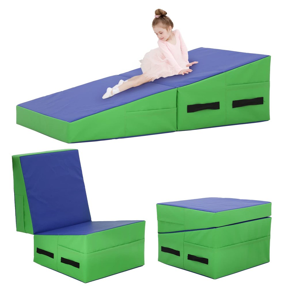 Gymnastics Mat 48X24X14 Incline Tumbling Mats for Home Gym, Folding Exercise Mat with Non-Slip PVC Surface & Handles, Cheese Wedge Mat for Kid Adults Workout, Blue