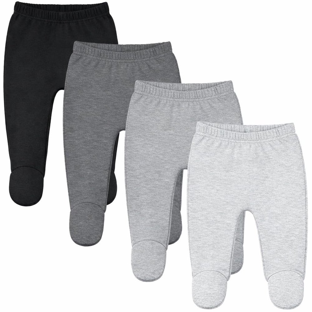 123 Bear Baby Soft Cotton Spandex Pants with Feet Multipack (Gray- 4-Pack, 0-3 Months)