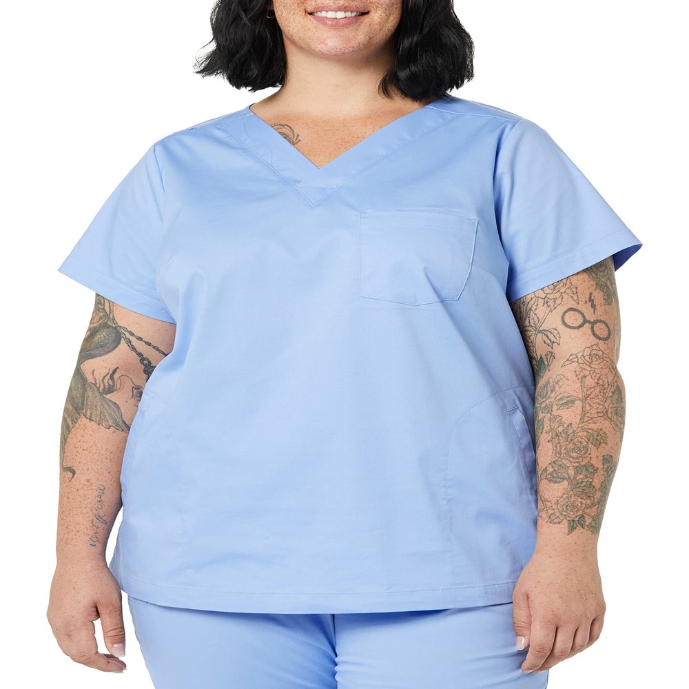 Amazon Essentials Women's Classic Fit V-Neck Short Sleeve Scrub Top (Available in Plus Size), Cornflower Blue, XX-Large