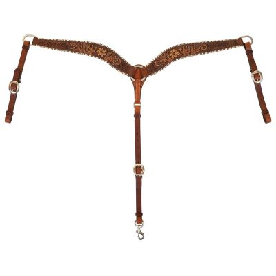CIRCLE Y Desert Rawhide Edge Vintage Durable Double Ply Leather Western Style Horse Size Breast Collar | Cactus & Floral Tooling with White-Tipped Edges | 27" - 29" Breast Collar Working Length