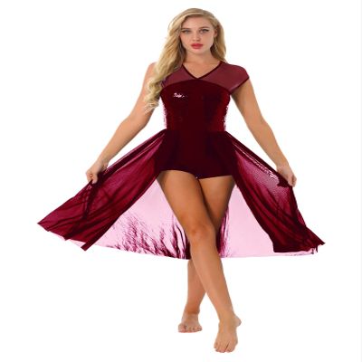 Aislor Women's Lyrical Modern Dance Dress Illusion Sequin V-Neck Sheer Mesh Leotard Dress Dancewear Burgundy Large