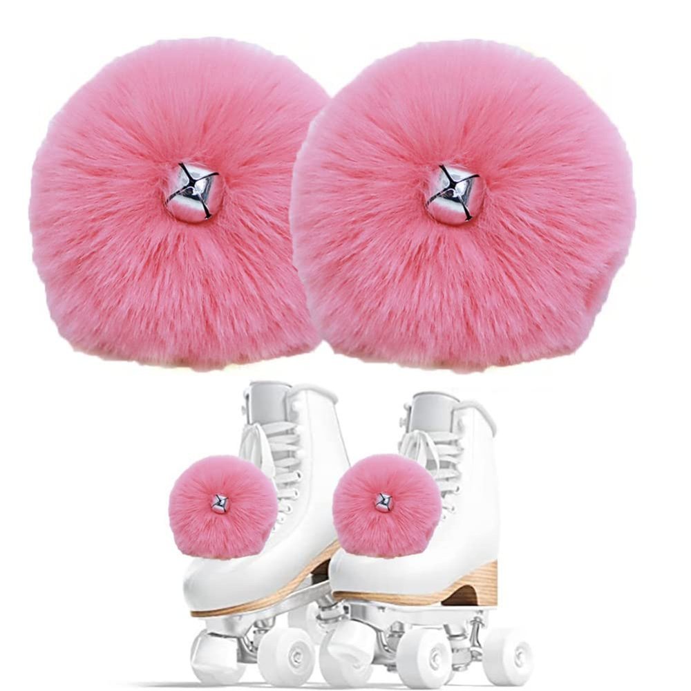 2 Pieces Roller Skate Pom Poms Roller Skates Fuzzy Pom Poms with Jingle Bells Pom Poms Quad Roller Skates Decoration Skate Accessories for Women Girls Princess Fluffy Tie-on Roller Skate Pom Poms