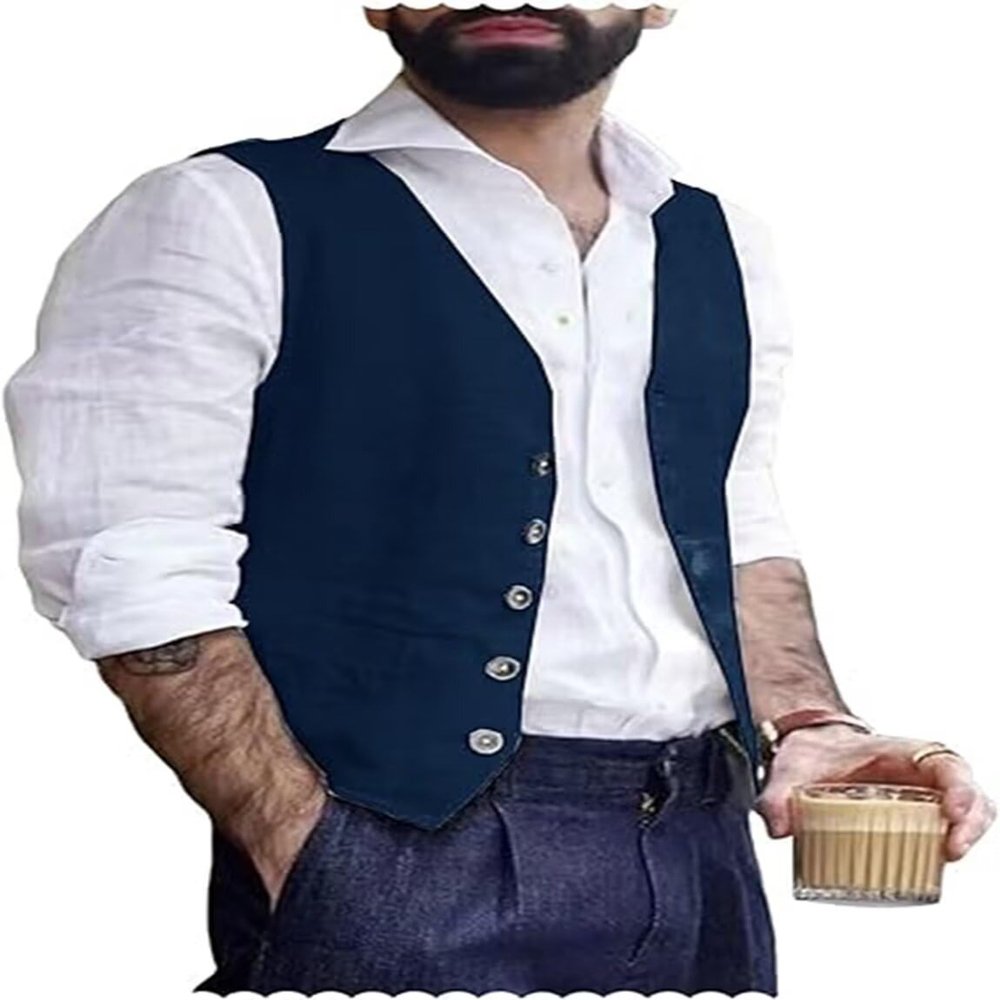 Trasign Mens Vests Dress Formal Vest for Men Navy Blue Men's Suit Vests Casual Beach Wedding Business Tuxedo Wasitcoat Vest L