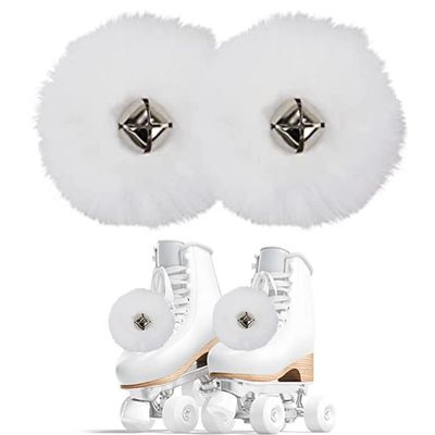 2 Pieces Roller Skate Pom Poms Roller Skates Fuzzy Pom Poms with Jingle Bells Pom Poms Quad Roller Skates Decoration Skate Accessories for Women Girls Princess Fluffy Tie-on Roller Skate Pom Poms