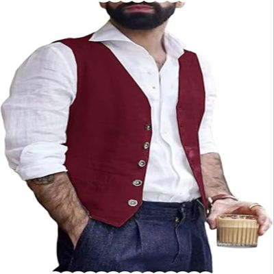 Trasign Men's Suit Vests Linen Burgundy Wedding Tuxedo Vest for Men Casual Mens Vest Waistcoat Sleeveless Jacket Vest XL