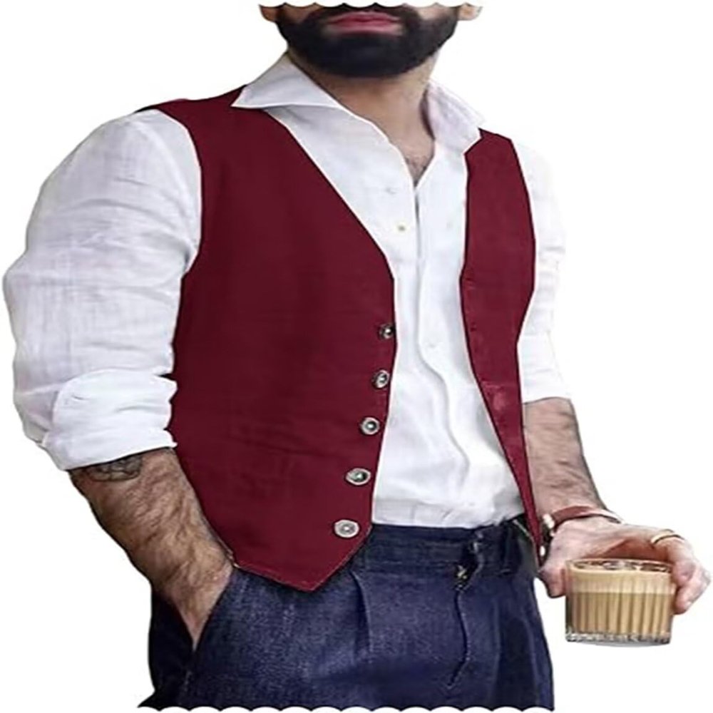 Trasign Men's Suit Vests Linen Burgundy Wedding Tuxedo Vest for Men Casual Mens Vest Waistcoat Sleeveless Jacket Vest XL