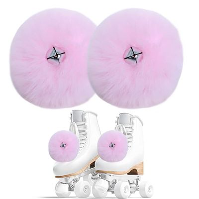2 Pieces Roller Skate Pom Poms Roller Skates Fuzzy Pom Poms with Jingle Bells Pom Poms Quad Roller Skates Decoration Skate Accessories for Women Girls Princess Fluffy Tie-on Roller Skate Pom Poms