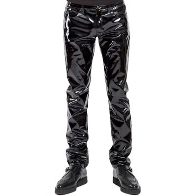 Yihuimin Men's Shiny PU Faux Leather Casual Long Pants Skinny Slim Fit Straight Leg Bliker Pants Black Medium