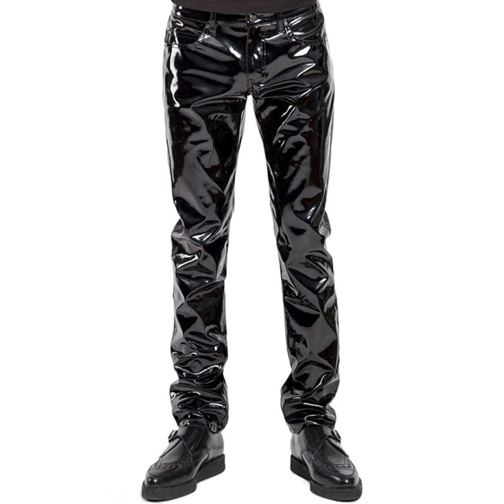 Yihuimin Men's Shiny PU Faux Leather Casual Long Pants Skinny Slim Fit Straight Leg Bliker Pants Black Medium