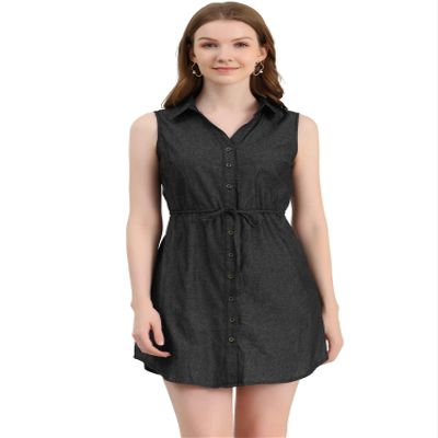 Allegra K Women's Chambray Dress Sleeveless Button Down Jean Denim Shirt Dresses Medium Black