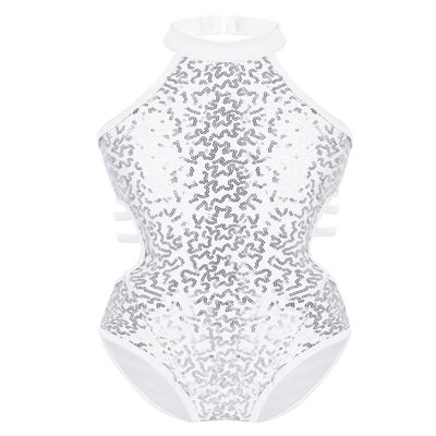 Sywiyi Kids Girls Cutout Back Gymnastics Leotards Shiny Sequins Ballet Dance Athletic Bodysuit White 10 Years