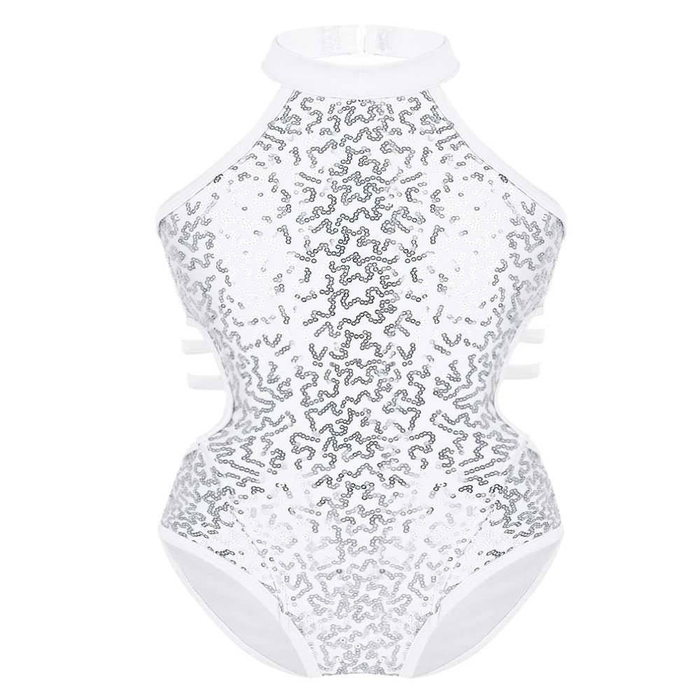 Sywiyi Kids Girls Cutout Back Gymnastics Leotards Shiny Sequins Ballet Dance Athletic Bodysuit White 10 Years