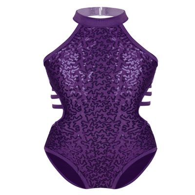 Sywiyi Kids Girls Cutout Back Gymnastics Leotards Shiny Sequins Ballet Dance Athletic Bodysuit Purple 10 Years