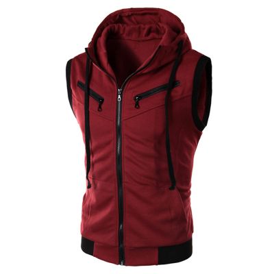 Tank Tops for Men's Sleeveless Hooded Sweatshirt Fashion Zipper Holiday Casual Sport T-Shirt Hoodies Blouse Tops Wine