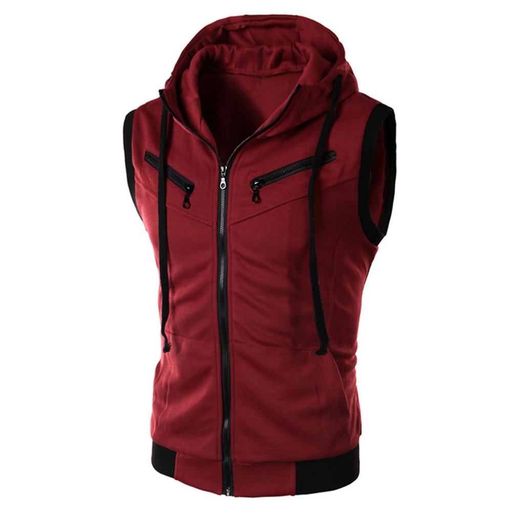 Tank Tops for Men's Sleeveless Hooded Sweatshirt Fashion Zipper Holiday Casual Sport T-Shirt Hoodies Blouse Tops Wine