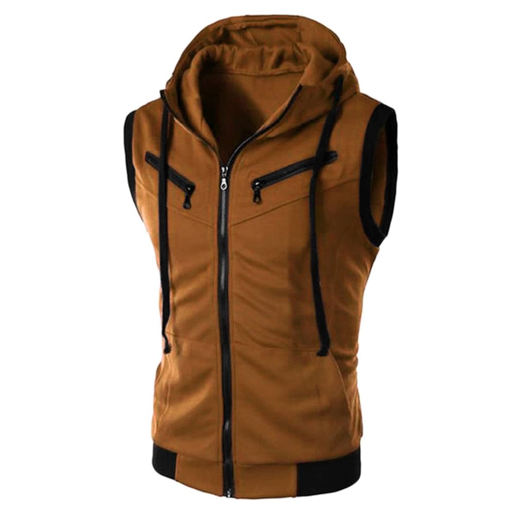 Tank Tops for Men's Sleeveless Hooded Sweatshirt Fashion Zipper Holiday Casual Sport T-Shirt Hoodies Blouse Tops Coffee