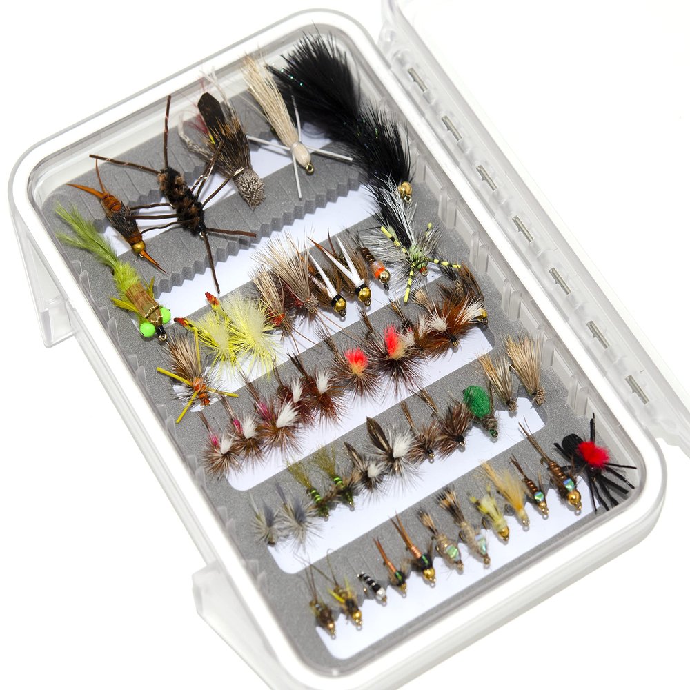 48 Essential Trout Fly Fishing Flies Assortment with Waterproof Fly Box | Dry, Wet, Nymphs, Streamers, Wooly Buggers, Caddis Fishing Lures