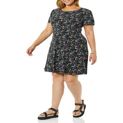 Amazon Essentials Women's Gathered Short Sleeve Crew Neck A-line Dress (Available in Plus Size), Black Ditsy Floral, X-Large