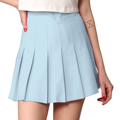 CTC WB2344 Women Girls Plaid High Waist Japan School Uniform Pleated Skater Tennis Skirt with Short S Sky_Blue