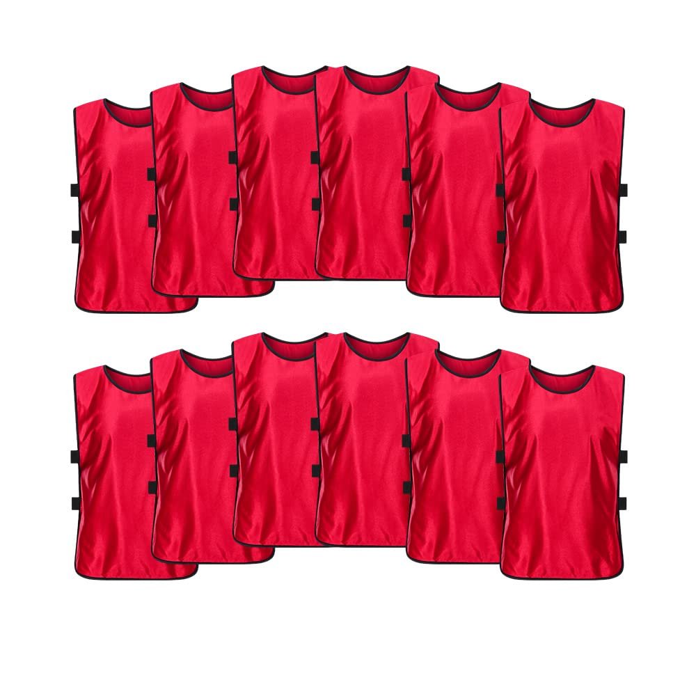 SHIJIXING 12 Pack Scrimmage Training Vest, Sports Pinnies, Practice Jerseys for Adult Youth (X-Large, Red)