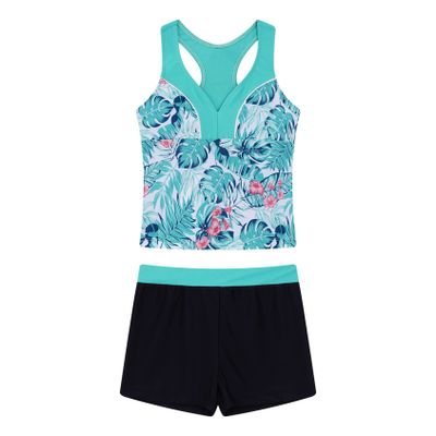 Daenrui Kids Big Girls Athletic Tankini Swimsuit Racer Tank Top with Boyshorts Beach Sports Bathing Suit Mintgreen,Leaf 4 Years