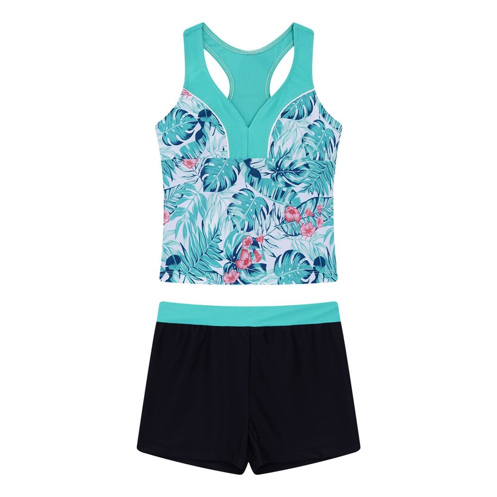 Daenrui Kids Big Girls Athletic Tankini Swimsuit Racer Tank Top with Boyshorts Beach Sports Bathing Suit Mintgreen,Leaf 4 Years