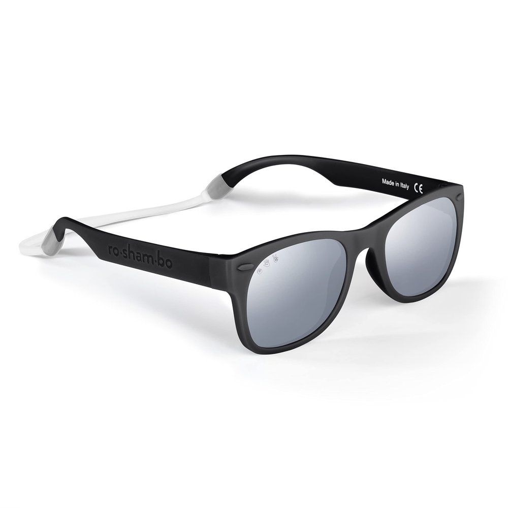 ROSHAMBO Unbreakable Baby Sunglasses with Strap BPA-free  Girls Boys 0-24 months Infants  Polarized Lens, Assembled in USA, Bueller with Mirrored Chrome Lens