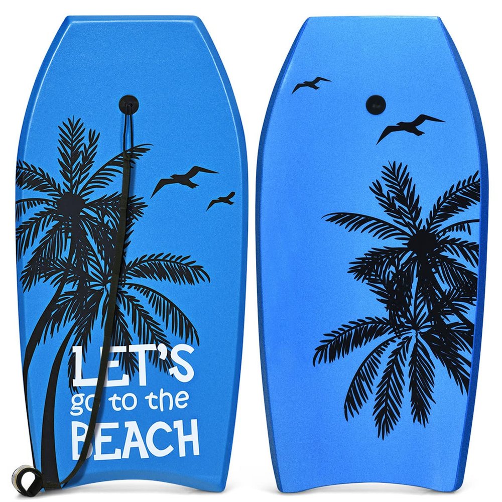 GYMAX Body Boards for Beach, 33"/37"/41" Body Board with EPS Foam Core, Crescent Tail, Dual Channel & Wrist Leash, Lightweight Bodyboard for Kids, Youth, Adults (Blue Coconut Tree, 37inch)