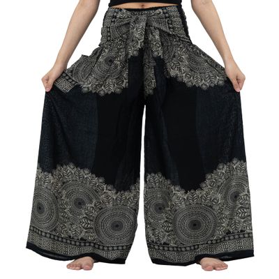 B BANGKOK PANTS Women's Boho Palazzo Pants Wide Leg Lounge Pants (One Size, Hippierose Black)