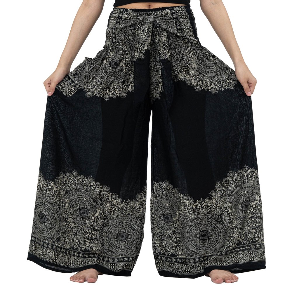 B BANGKOK PANTS Women's Boho Palazzo Pants Wide Leg Lounge Pants (One Size, Hippierose Black)