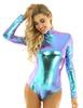 YOOJIA Women's Shiny Metallic Leotard Turtleneck One Piece Dancewear High Cut Thong Gymnastic Bodysuit Blue XX-Large view 2