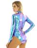 YOOJIA Women's Shiny Metallic Leotard Turtleneck One Piece Dancewear High Cut Thong Gymnastic Bodysuit Blue XX-Large view 4