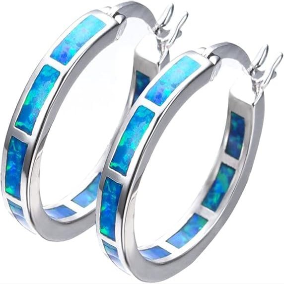 925 Sterling Silver Hoop Earring, Opal Small Hoop Earring for Women, Hypoallergenic Jewelry Cubic Zirconia Huggie Hoop Earrings Blue (Blue)