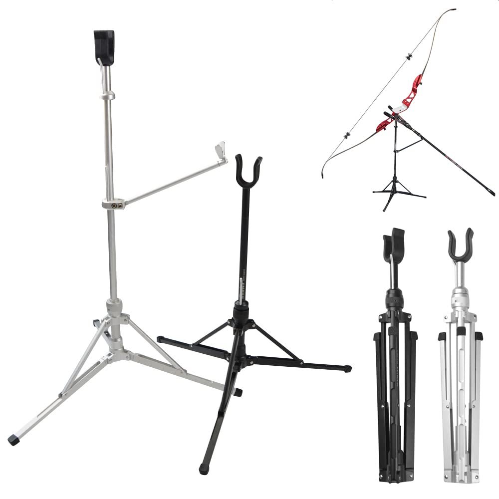 ZSHJGJR Archery Bow Stand Holder Aluminum Alloy Semi-Automatic Foldable Recurve Bow Stand Tripod Bow Stand Protable Bracket Rack for Archery Hunting Shooting Competition (Short, Black)