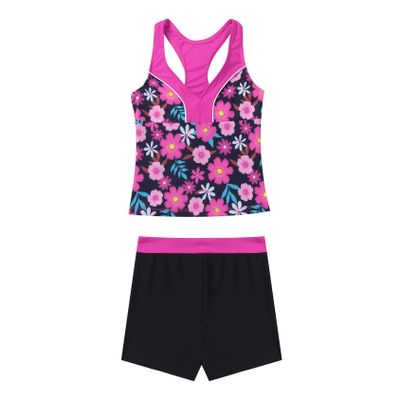 Daenrui Kids Big Girls Athletic Tankini Swimsuit Racer Tank Top with Boyshorts Beach Sports Bathing Suit Rose,Flower 4 Years