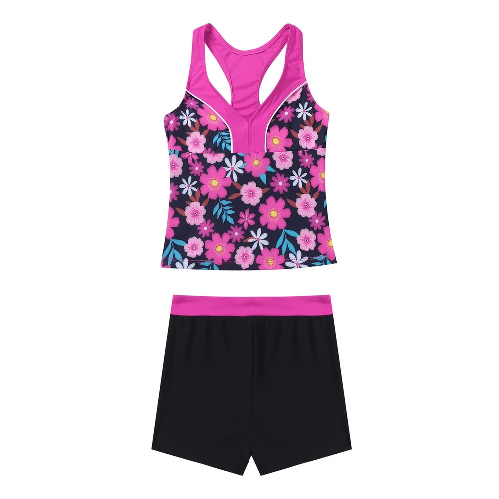Daenrui Kids Big Girls Athletic Tankini Swimsuit Racer Tank Top with Boyshorts Beach Sports Bathing Suit Rose,Flower 4 Years