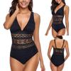 One Piece Swimsuits for Women's Sexy Lace Crochet Bathing Suit V Neck Monokini Trendy Hollow Out High Waist Swimwear Black view 2