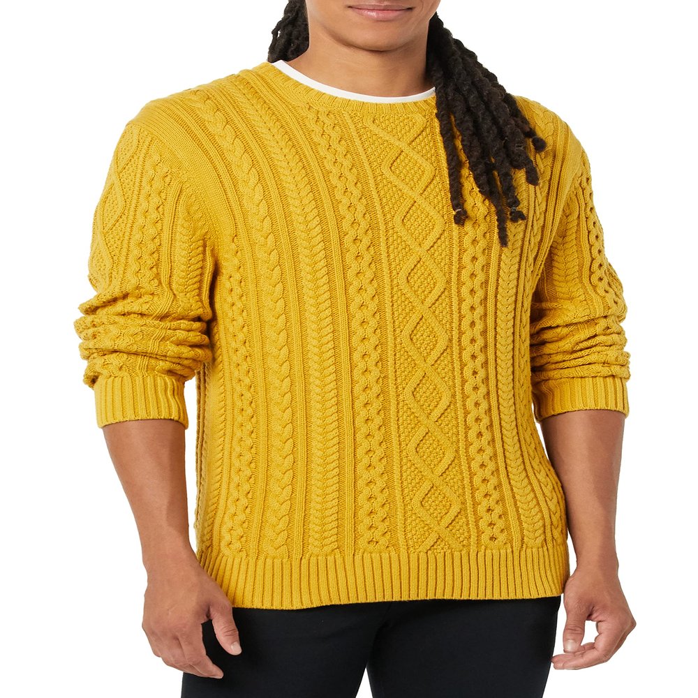 Amazon Essentials Men's Long-Sleeve 100% Cotton Fisherman Cable Crewneck Sweater, Mustard Yellow, Small