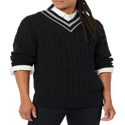 Amazon Essentials Men's Cable Knit V-Neck Sweater, Black, XX-Large