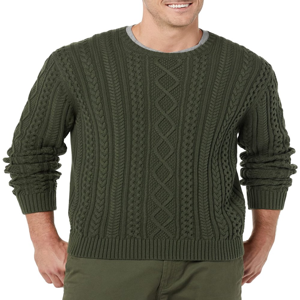 Amazon Essentials Men's Long-Sleeve 100% Cotton Fisherman Cable Crewneck Sweater, Dark Olive, Medium